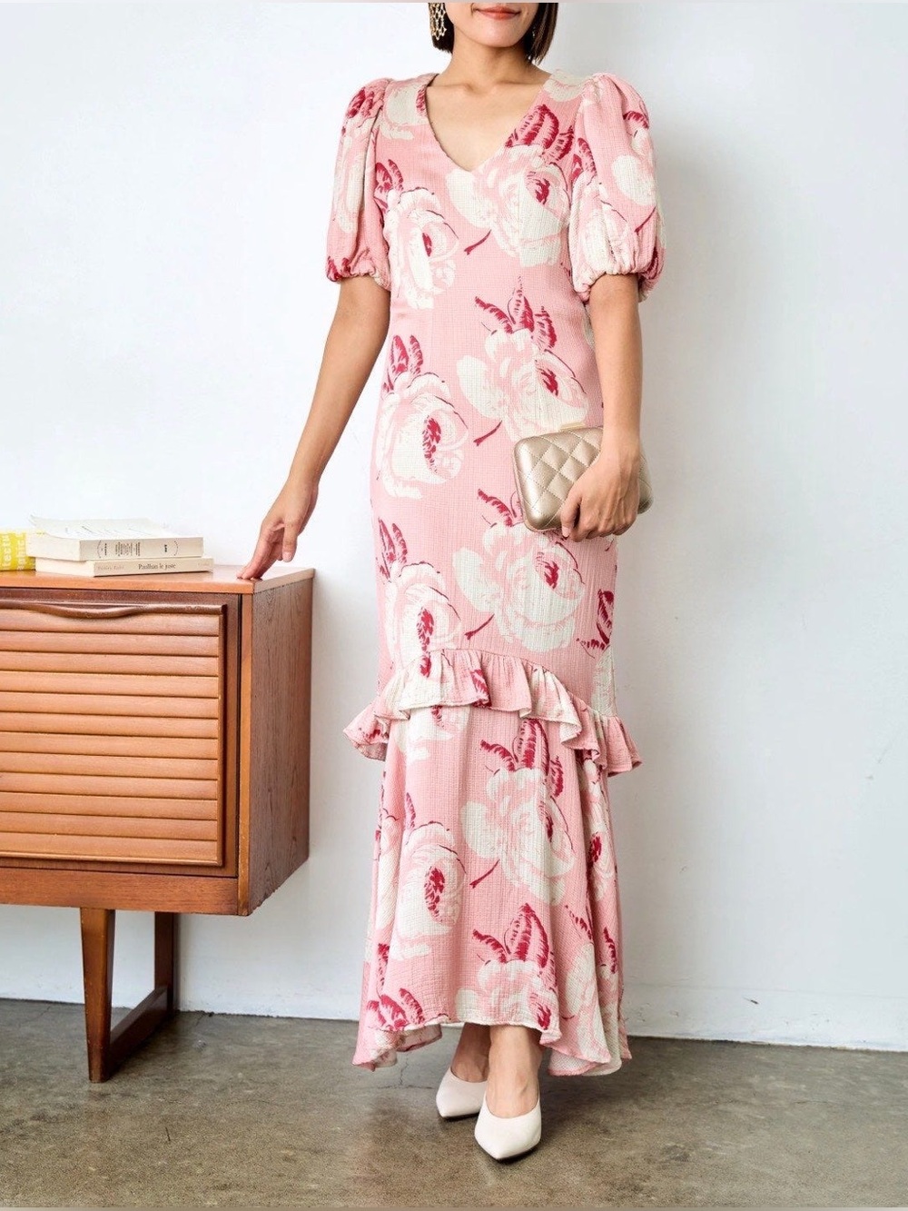 byTiMo Pink Floral Puff Sleeve Maxi Dress Ruffle Hem Small NWT Wedding Guest
